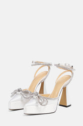 Satin Diamante Bow Pointed Toe Platform Flared Block Heel - White